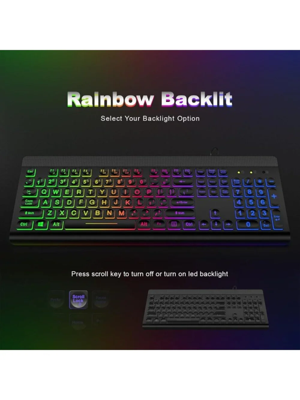 Large Print Backlit USB Keyboard - Full Size Rainbow LED for PC, Laptop & Gaming